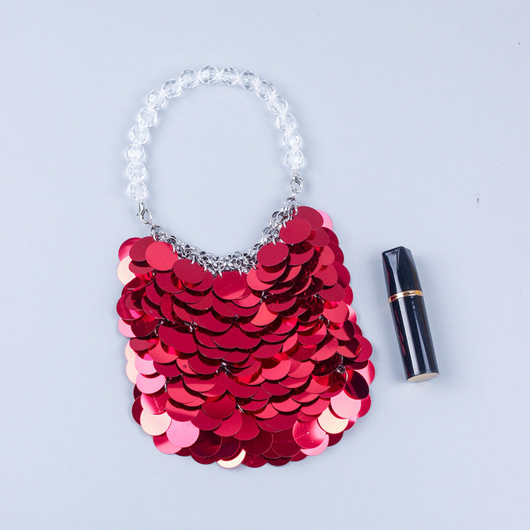 Wholesale Handmade bright red sequined beaded woven handbag shiny mobile phone bag banquet bag